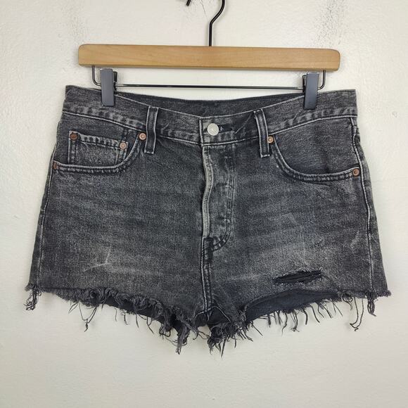 Levis 501 Original Shorts Womens 29 Trashed Black Distressed Cut Offs Button Fly - Picture 1 of 9